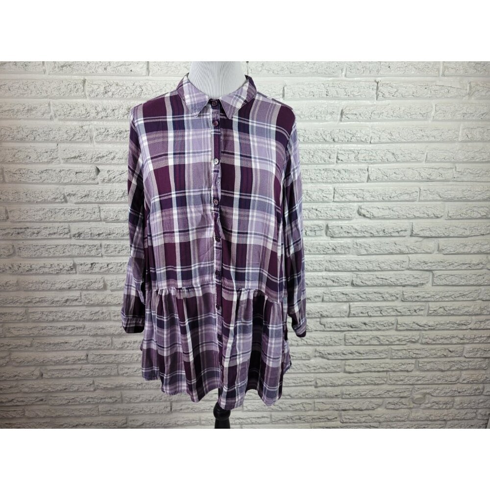 Catherines Womens Top 0X Plus Long Roll Tab Sleeve Purple Plaid PLA120E‎